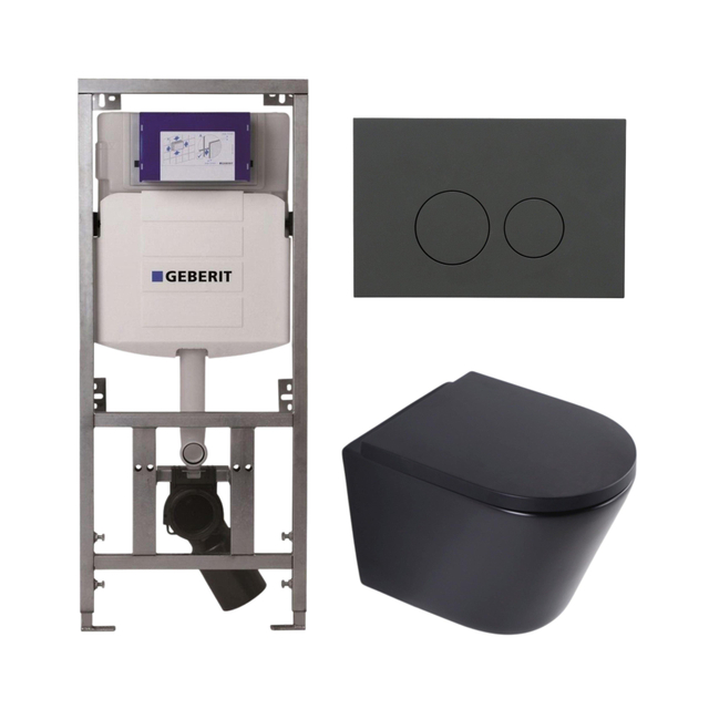 QeramiQ Dely Toiletset - 36.3x51.7cm - diepspoel - rimless - Geberit UP320 inbouwreservoir - softclose toilet zitting 35 mm - bedieningsplaat mat antraciet - ronde knoppen - mat zwart SW1026253/SW1000769/0701131/SW1102376
