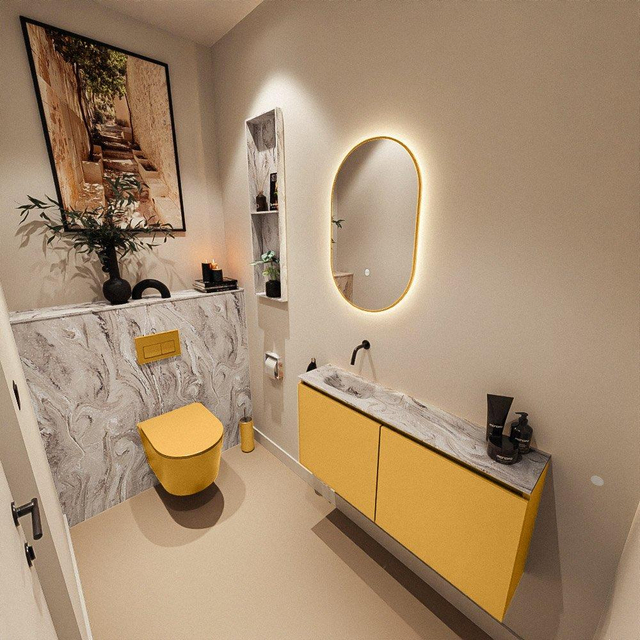 MONDIAZ TURE-DLUX 100cm toiletmeubel Ocher. EDEN wastafel Glace positie links. Zonder kraangat. TUREDX100OCHL0GLA