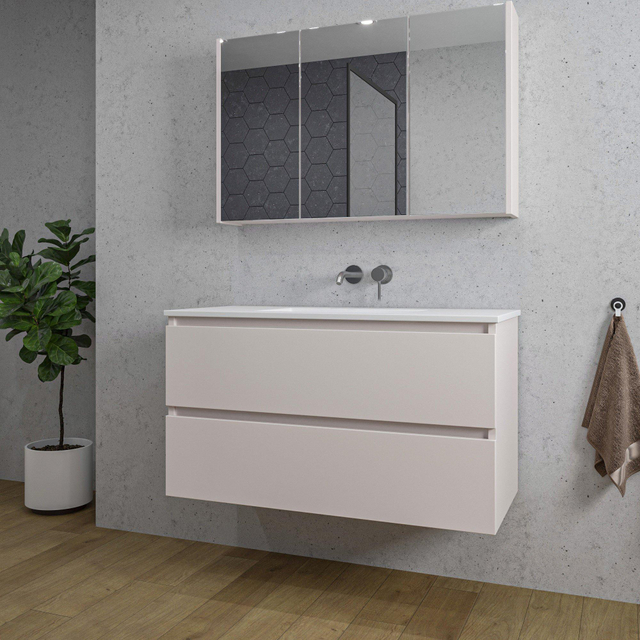 Adema Chaci Badkamermeubelset - 100x46x57cm - 1 keramische wasbak wit - zonder kraangaten - 2 lades - Spiegelkast - mat cotton (beige) SW1212775/SW1212817/SW892634/SW773927