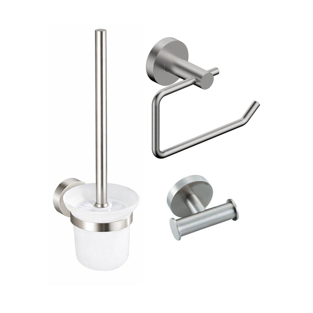 Fortifura Calvi Toiletset 3-delig - toiletrolhouder zonder klep - toiletborstel - handdoekhaak dubbel rond - Geborsteld RVS PVD SW639928 SW1211589 SW639930