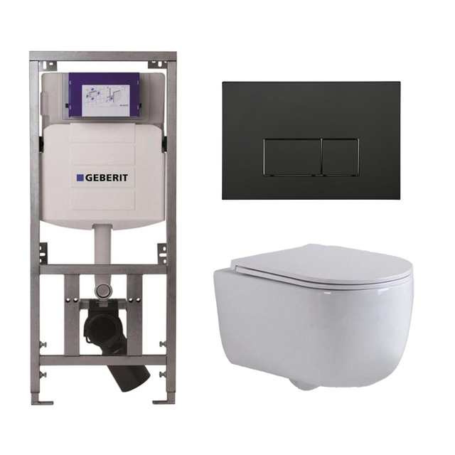 QeramiQ Dely Swirl Toiletset - 36.3x51.7cm - diepspoel - rimless - Geberit UP320 Burda inbouwreservoir - slim zitting - mat zwarte metalen bedieningsplaat - rechtehoekige knoppen - wit mat 0701131/SW706193/SW1000766/SW1026257