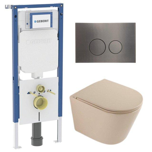 Geberit QeramiQ Dely Toiletset - 36.3x51.7cm - diepspoel - rimless -  UP720 inbouwreservoir - softclose toilet zitting - gunmetal bedieningsplaat - ronde knoppen - mat beige SW1000764/SW1000770/SW12372