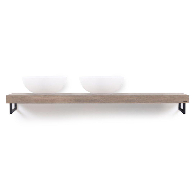 Looox Wood collection Solo wastafelblad - 160x46cm - Met handdoekhouder zwart mat - Massief eiken Old grey wbsolo160mz