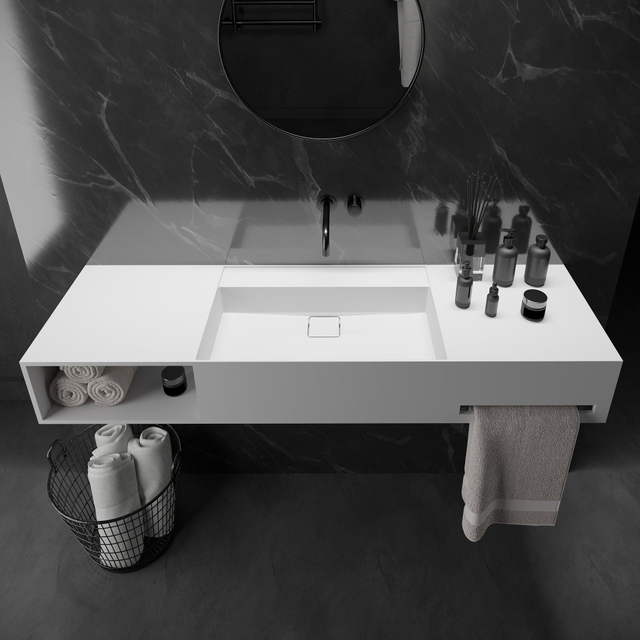 Ideavit Wastafel - 140x40x20cm - solid surface - afgeronde binnenhoeken - handdoekhouder rechts - opbergvak links - vierkante afvoerdekking - solid surface - mat wit 290378