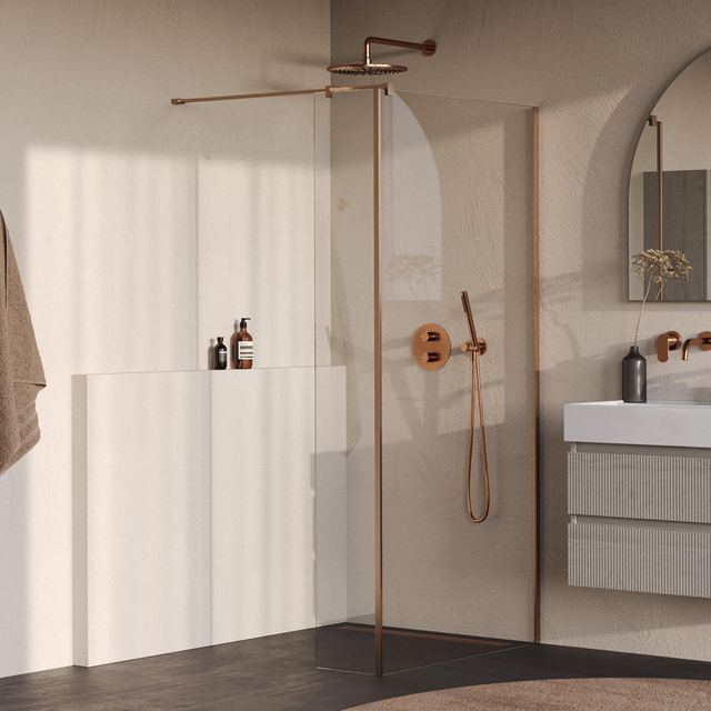 Brauer Oblivion Inloopdouche - 100x200cm - 40cm zijwand - glascoating - helder glas - geborsteld koper PVD GS-OBI2H10040200GK