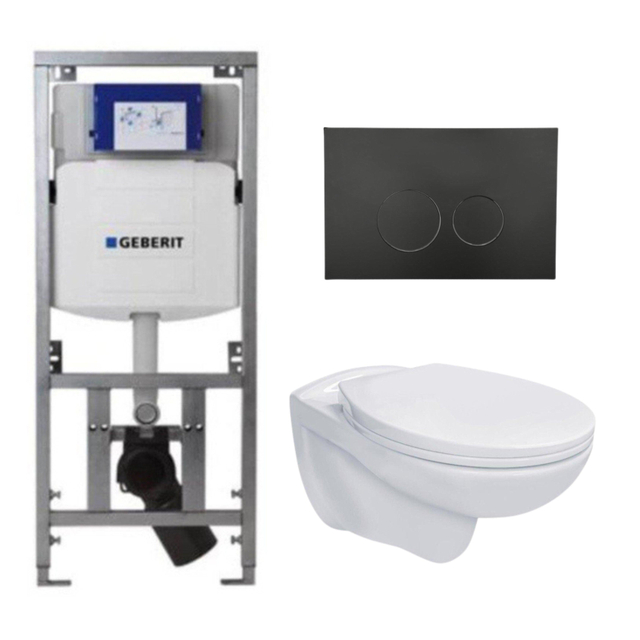 Geberit Adema Classico toiletset bestaande uit inbouwreservoir en toiletpot, basic toiletzitting en bedieningsplaat zwart SW1152613/SW706188/0701131