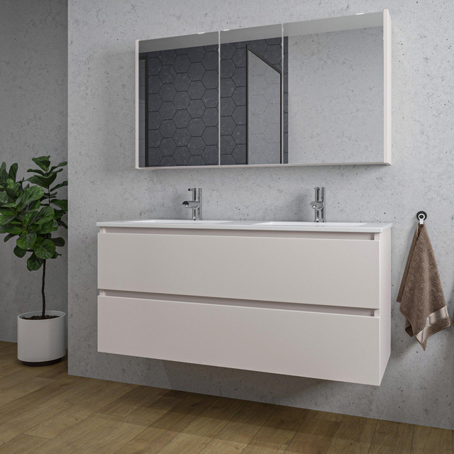 Adema Chaci Badkamermeubelset - 120x46x57cm - 2 keramische wasbakken wit - 2 kraangaten - 2 lades - Spiegelkast - mat cotton (beige) SW1212783/SW1212818/SW892634/SW804533