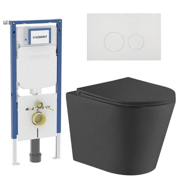 Geberit QeramiQ Dely Toiletset - 36.3x51.7cm - diepspoel - rimless -  UP720 inbouwreservoir - softclose toiletzitting - glans witte bedieningsplaat - ronde knoppen - zwart mat SW1026253/SW1237202/SW706