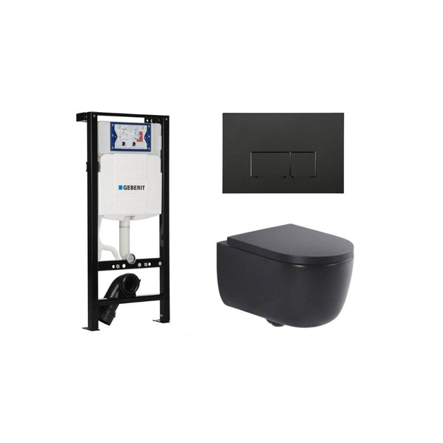 QeramiQ Dely Swirl Toiletset - 36.3x51.7cm - Geberit UP320 plieger inbouwreservoir - 35mm zitting - mat zwarte metalen bedieningsplaat - rechthoekige knoppen - mat zwart SW1381697/SW706193/SW1000769/SW1026258