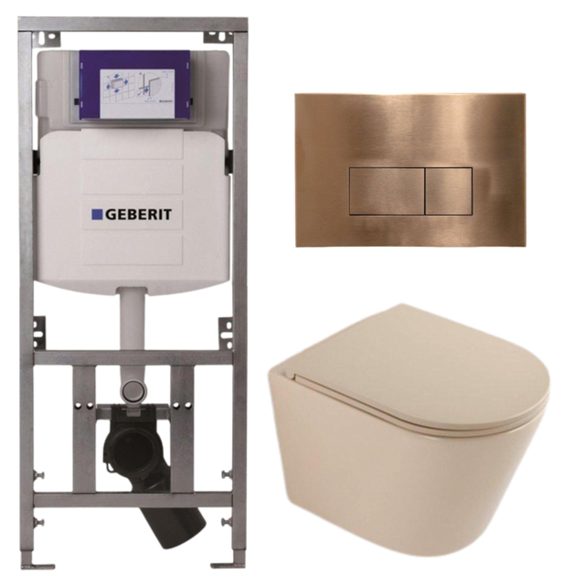 QeramiQ Dely Toiletset - 36.3x51.7cm - diepspoel - rimless - Geberit UP320 inbouwreservoir - softclose toilet zitting - koperen bedieningsplaat - rechthoekige knoppen - mat beige SW1000764/SW1000770/0701131/SW706197