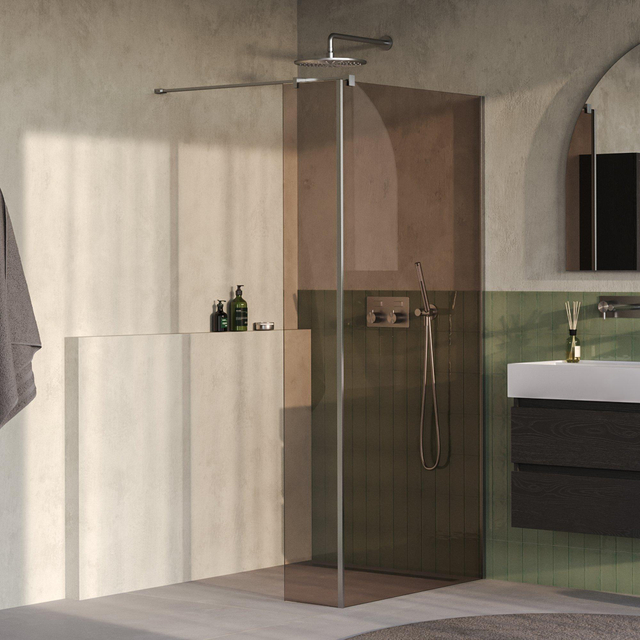 Brauer Oblivion Inloopdouche - 100x200cm - 30 cm zijwand - glascoating - brons glas - Geborsteld RVS PVD GS-OBI2B10030200NG
