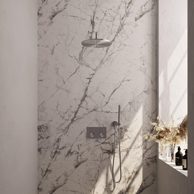 BRAUER Brushed Edition Thermostatische Regendouche inbouw - drukknoppen - SET 52 - 30cm hoofddouche - gebogen muurarm - staaf handdouche - doucheslang - wandaansluitbocht - RVS geborsteld PVD 5-NG-163