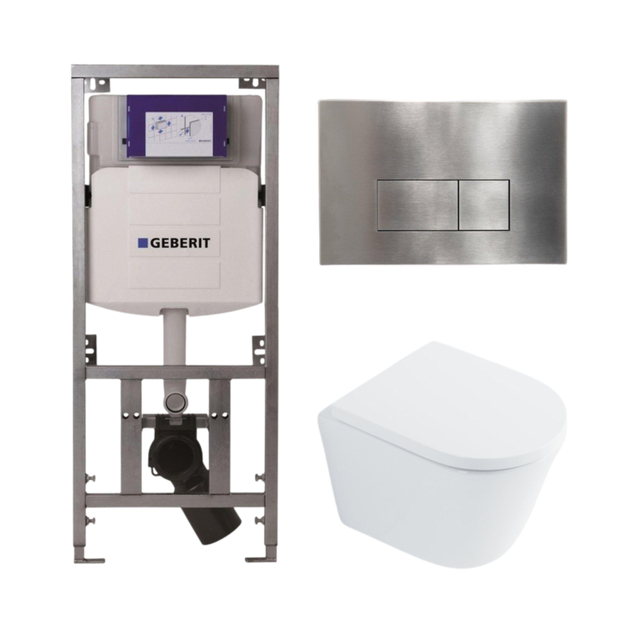 QeramiQ Dely Toiletset - 36.3x51.7cm - diepspoel - rimless - Geberit UP320 Burda inbouwreservoir - softclose toilet zitting 35 mm - steel bedieningsplaat - rechthoekige knoppen - wit glans SW1026255 / SW1159505/0701131/SW706195