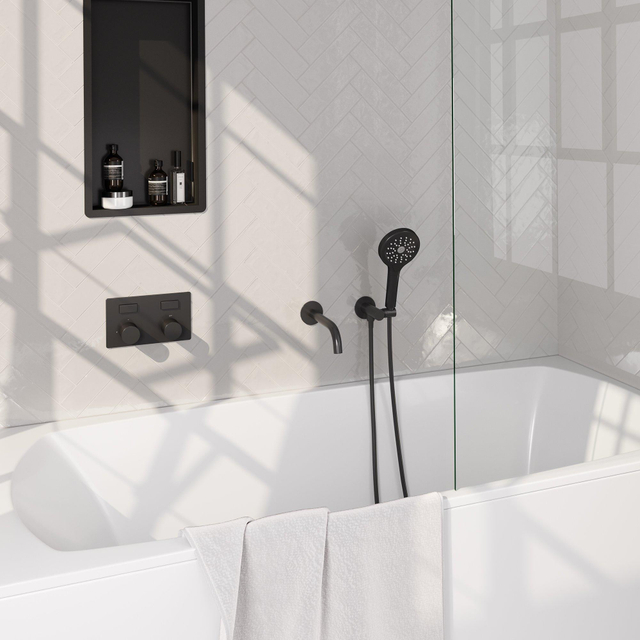 Brauer Black Carving thermostatische inbouw badkraan - drukknoppen SET 04 - uitloop - 3 standen handdouche - doucheslang - wandaansluitbocht - zwart mat 5-S-215