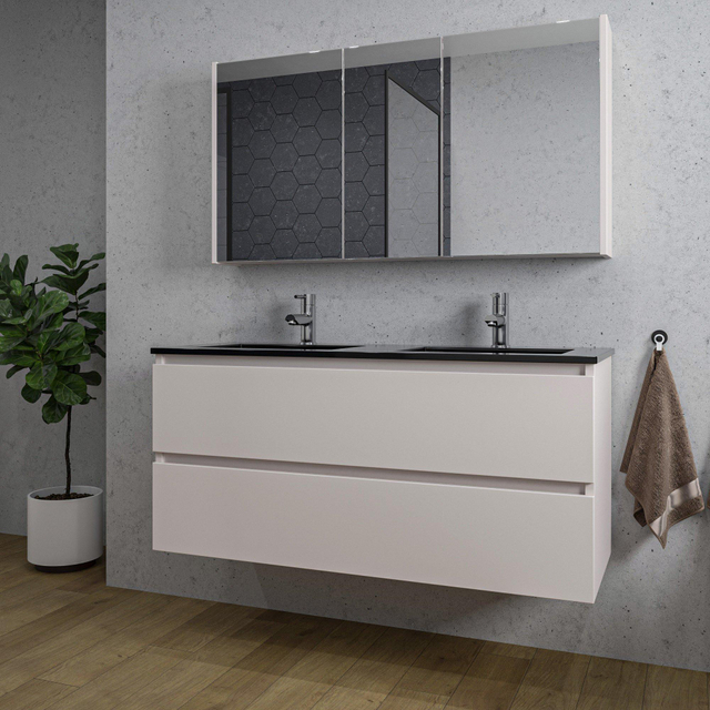 Adema Chaci Badkamermeubelset - 120x46x57cm - 2 keramische wasbakken zwart - 2 kraangaten - 2 lades - Spiegelkast - mat cotton (beige) SW1212783/SW1212818/SW892634/SW761657