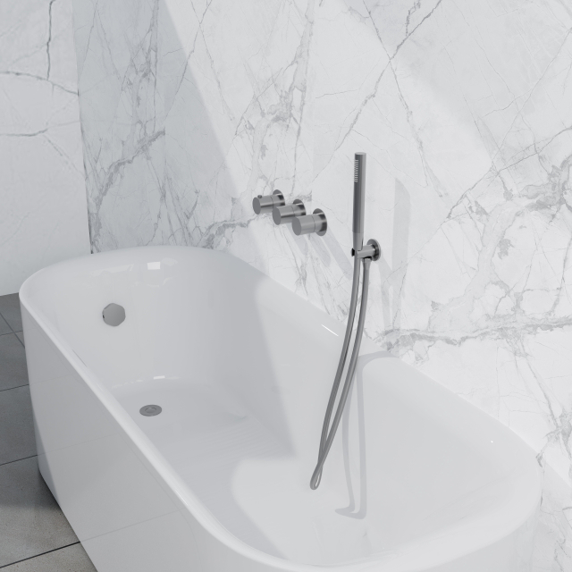 Fortifura Nebbio Badcombinatie-set - thermostaatkraan - inbouwdeel - inbouw uitbreiding - wandaansluitbocht - metalen doucheslang - staaf handdouche - badafvoer opbouw - geborsteld RVS PVD (RVS) SW1183066 SW1183076 SW1183079 SW542645 SW706208 SW