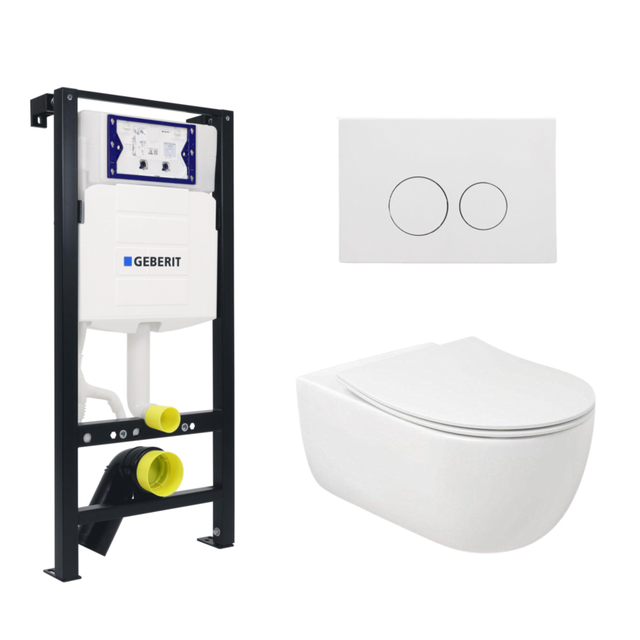 Plieger Kansas Toiletset - UP320 inbouwreservoir - wandcloset - slim zitting - softclose - mat witte bedieningsplaat - ronde knoppen - mat wit SW1381697/SW499698/SW706190