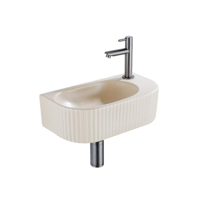 QeramiQ Fuente Fonteinset - 40x21.5x12cm - rechts - geribbeld - halfrond - 1 kraangat - keramiek - fonteinkraan gunmetal - afvoerplug - verlaagd sifon - beige SW1209545/SW769487/SW767295/SW696239