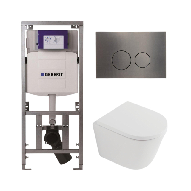 QeramiQ Dely Toiletset - 36.3x51.7cm - diepspoel - rimless - Geberit UP320 inbouwreservoir - softclose toilet zitting 35 mm - gunmetal bedieningsplaat - ronde knoppen - mat wit SW1026254/SW1000767/0701131/SW706198