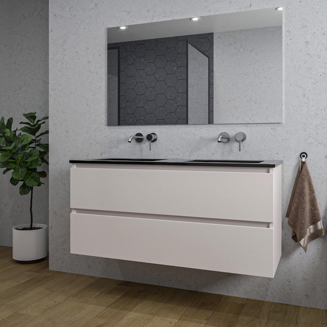 Adema Chaci Badkamermeubelset - 120x46x57cm - 2 keramische wasbakken zwart - zonder kraangaten - 2 lades - rechthoekige spiegel - mat cotton (beige) SW1212783/SW773933/SW724613