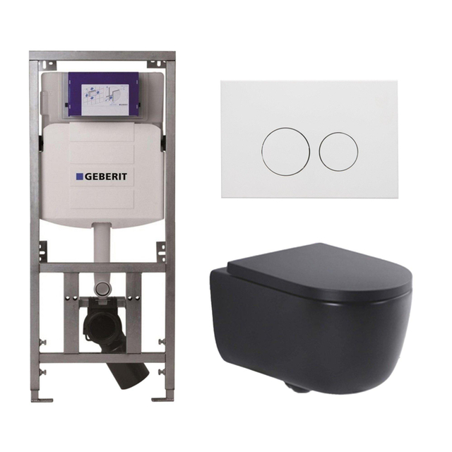 QeramiQ Dely Swirl Toiletset - 36.3x51.7cm - Geberit UP320 Burda inbouwreservoir - 35mm zitting - mat witte metalen bedieningsplaat - ronde knoppen - mat zwart 0701131/SW706190/SW1000769/SW1026258