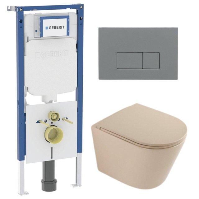 Geberit QeramiQ Dely Toiletset - 36.3x51.7cm - diepspoel - rimless -  UP720 inbouwreservoir - softclose toilet zitting - bedieningsplaat licht grijs - rechthoekige knoppen - mat beige SW1000764/SW10007
