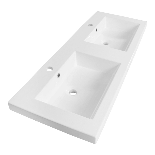Saniclass Foggia Meubelwastafel - 120x46x5cm - overloop - 2 wasbakken links rechts - 2 kraangaten - mineraalmarmer - glanzend wit 2782