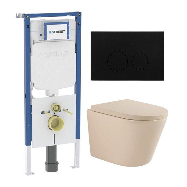 Geberit QeramiQ Dely Toiletset - 36.3x51.7cm - diepspoel - rimless -  UP720 inbouwreservoir - softclose toilet zitting 35 mm - metaal mat zwarte bedieningsplaat - ronde knoppen - mat beige SW1000764/SW