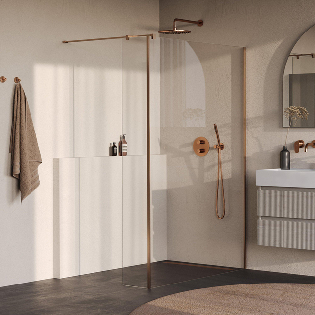 Brauer Oblivion Inloopdouche - 130x200cm - 40cm zijwand - glascoating - helder glas - geborsteld koper PVD GS-OBI2H13040200GK