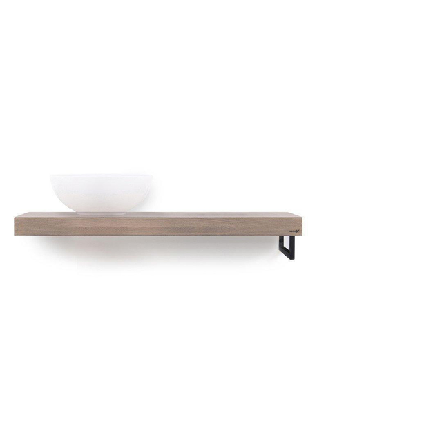 Looox Wood collection Solo wastafelblad - 100x46cm - Met handdoekhouder (rechts) mat zwart - Massief eiken Old grey wbsolor100mz