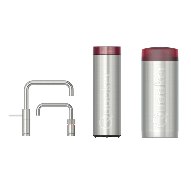 Quooker Nordic Square Twintaps kokendwaterkraan - draaibare uitloop - Combi incl. Cube reservoir - Warm / kokend / bruisend / gefilterd water - RVS 22NSRVSTT-CUBE