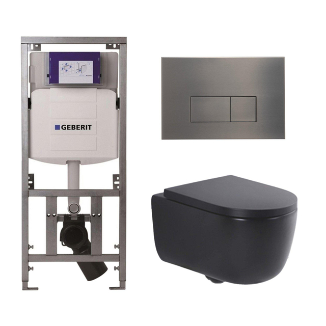 QeramiQ Dely Swirl Toiletset - 36.3x51.7cm - Geberit UP320 Burda inbouwreservoir - 35mm zitting - gunmetal bedieningsplaat - rechthoekige knoppen - mat zwart 0701131/SW706199/SW1000769/SW1026258