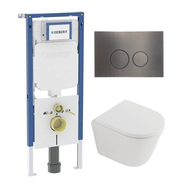 Geberit QeramiQ Dely Toiletset - 36.3x51.7cm - diepspoel - rimless -  UP720 inbouwreservoir - softclose toilet zitting 35 mm - gunmetal bedieningsplaat - ronde knoppen - mat wit SW1026254/SW1000767/SW1