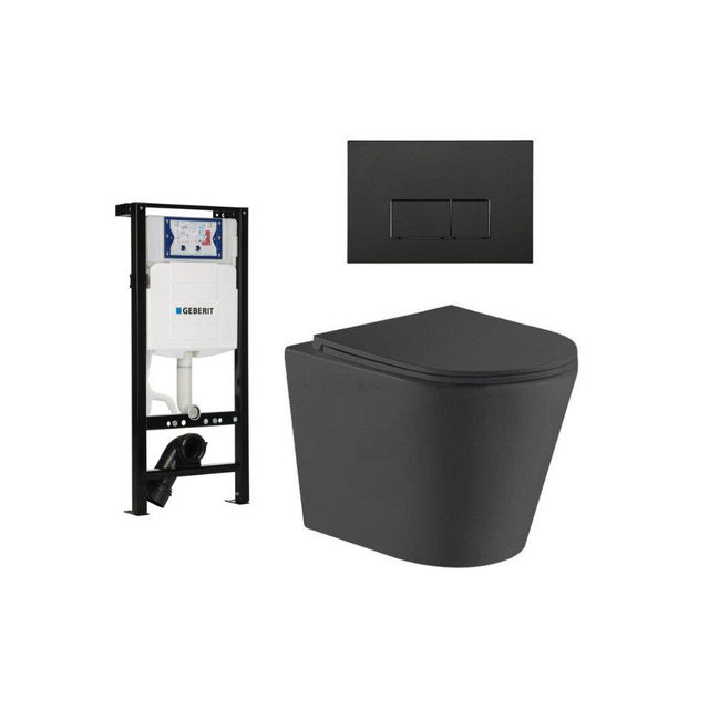 QeramiQ Dely Toiletset - 36.3x51.7cm - diepspoel - rimless - Geberit UP320 plieger inbouwreservoir - softclose toiletzitting - mat zwarte bedieningsplaat - rechtehoekige knoppen - zwart mat SW1026253/SW1381697/SW706193/SW1000768