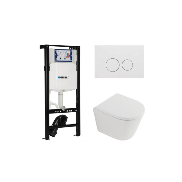 QeramiQ Dely Toiletset - 36.3x51.7cm - diepspoel - rimless - Geberit UP320 plieger inbouwreservoir - softclose toilet zitting 35 mm - mat witte bedieningsplaat - ronde knoppen - mat wit SW1026254/SW1000767/SW1381697/SW706190