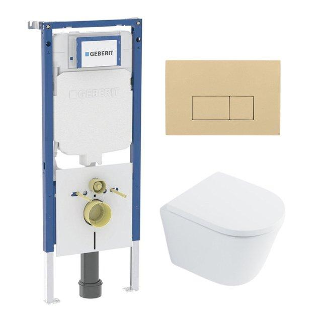Geberit QeramiQ Dely Toiletset - 36.3x51.7cm - diepspoel - rimless -  UP720 inbouwreservoir - softclose toilet zitting 35 mm - bedieningsplaat beige - rechthoekige knoppen - wit glans SW1026255 / SW115