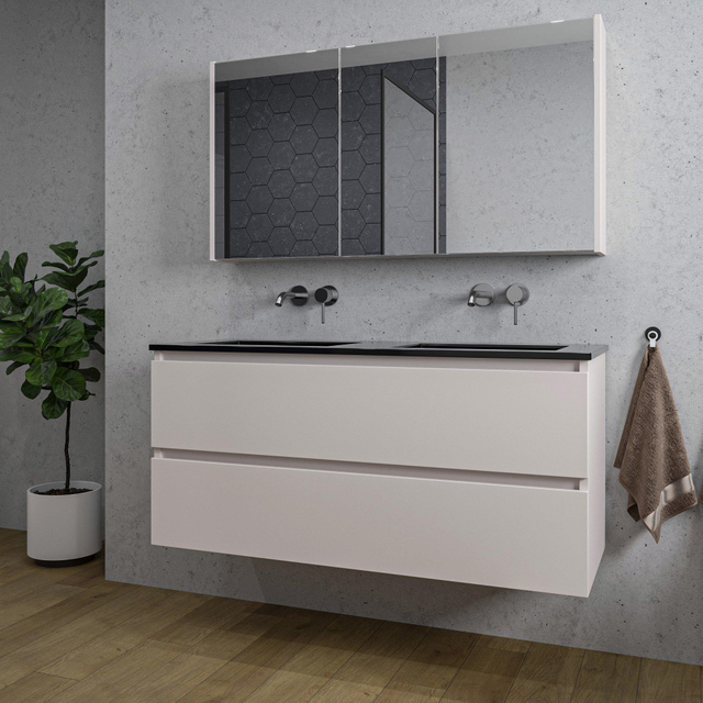 Adema Chaci Badkamermeubelset - 120x46x57cm - 2 keramische wasbakken zwart - zonder kraangaten - 2 lades - Spiegelkast - mat cotton (beige) SW1212783/SW1212818/SW892634/SW773933