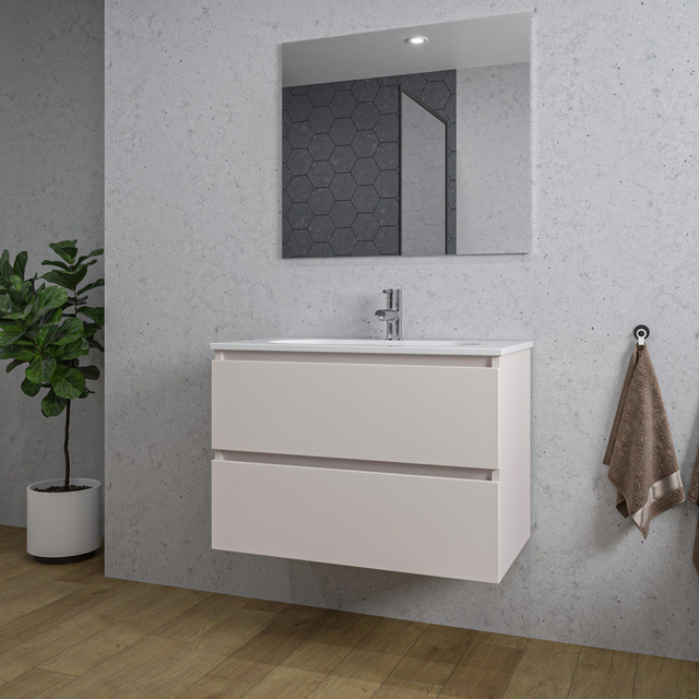 Adema Chaci Badkamermeubelset - 80x45x57cm - 1 ovale keramische wasbak wit - 1 kraangat - 2 lades - rechthoekige spiegel - mat cotton (beige) SW718717/SW724611/SW1212765