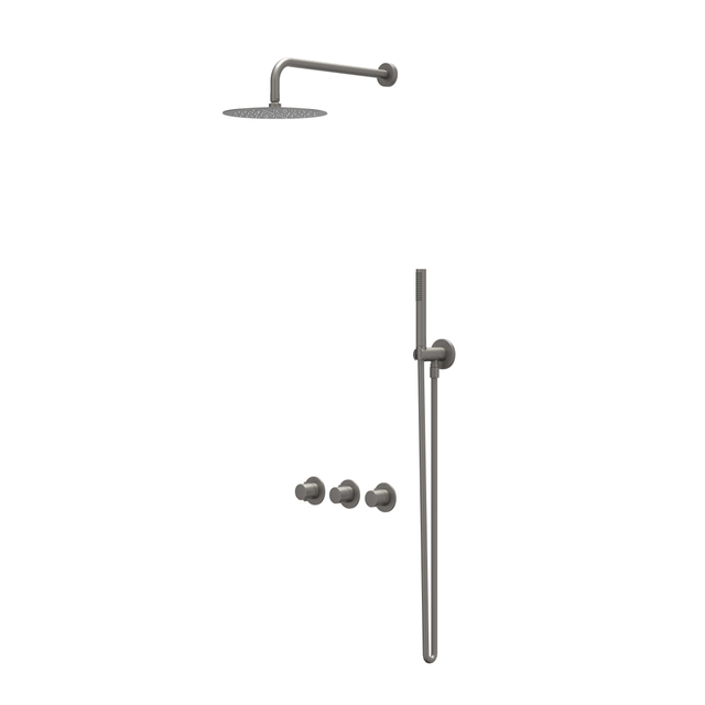 IVY Bond Regendoucheset 4 inbouw symmetry met 2 stopkranen - 15cm plafondbuis - 20cm slim hoofddouche - houder met uitlaat - doucheslang 150cm - 3-standen handdouche Geborsteld met