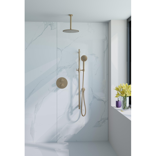 Fortifura Calvi Inbouw Regendoucheset - rond - thermostatisch - plafondarm - glijstang - 25cm hoofddouche - ronde handdouche - Geborsteld Messing PVD (Goud) SW706206/SW720555/SW720557/SW720569/SW72116