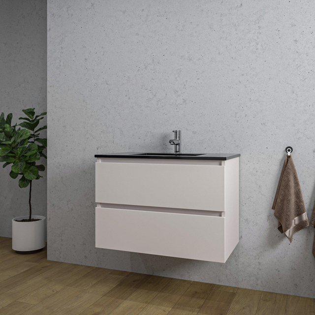 Adema Chaci Badkamermeubelset - 80x46x55cm - 1 keramische wasbak zwart - 1 kraangat - 2 lades - mat cotton (beige) SW761655/SW1212765