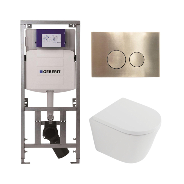 QeramiQ Dely Toiletset - 36.3x51.7cm - diepspoel - rimless - Geberit UP320 inbouwreservoir - softclose toilet zitting 35 mm - geborsteld messing bedieningsplaat - ronde knoppen - mat wit SW1026254/SW1000767/0701131/SW706200