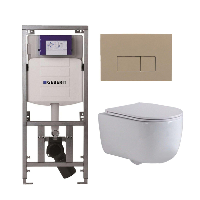 QeramiQ Dely Swirl Toiletset - 36.3x51.7cm - Geberit UP320 Burda inbouwreservoir - slimzitting - bedieningsplaat taupe - rechthoekige knoppen - wit mat 0701131/SW1102379/SW1000766/SW1026257