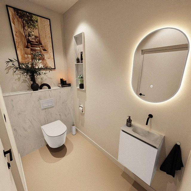 MONDIAZ TURE-DLUX 40cm toiletmeubel Linen. EDEN wastafel Opalo positie rechts. Zonder kraangat. TUREDX40LINR0OPA