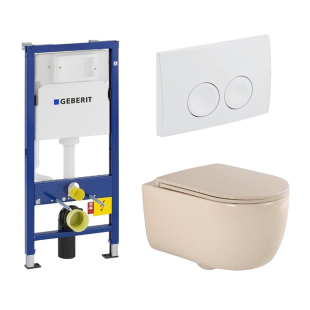 QeramiQ Dely Swirl Toiletset - 36.5x53cm - Geberit UP100 inbouwreservoir - slim zitting - witte bedieningsplaat - ronde knoppen - beige SW730486/0701174/SW1000770/SW1026259