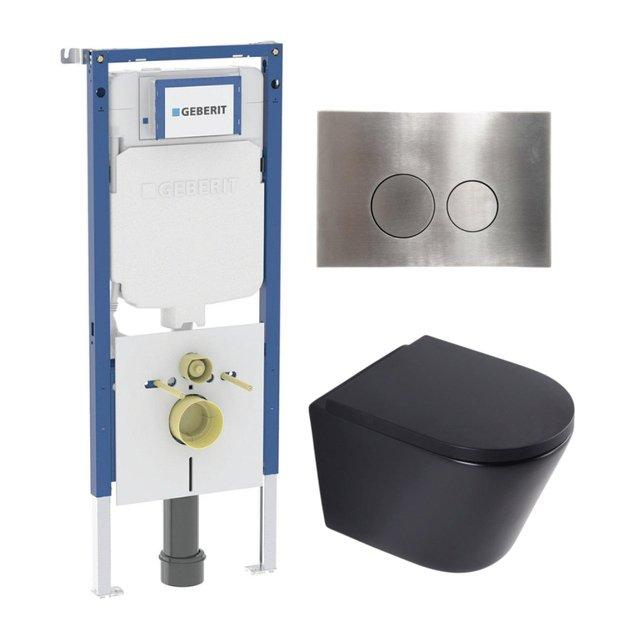 Geberit QeramiQ Dely Toiletset - 36.3x51.7cm - diepspoel - rimless -  UP720 inbouwreservoir - softclose toilet zitting 35 mm - steel bedieningsplaat - ronde knoppen - mat zwart SW1026253/SW1000769/SW12