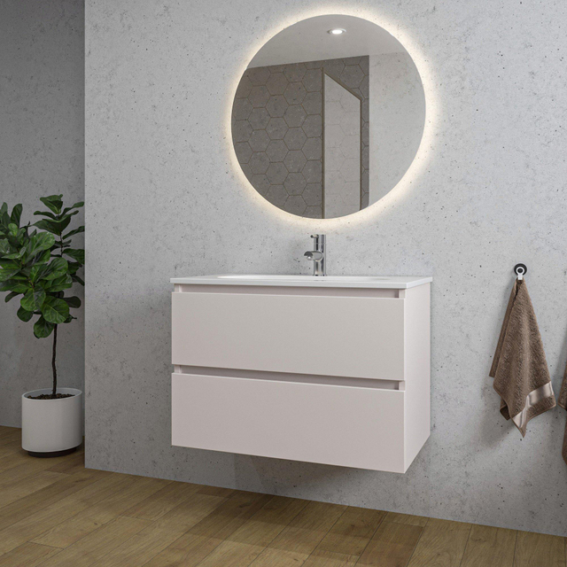 Adema Chaci Badkamermeubelset - 80x46x57cm - 1 ovale keramische wasbak wit - 1 kraangat - 2 lades - ronde spiegel met verlichting - mat cotton (beige) SW1212765/SW718717/SW108328