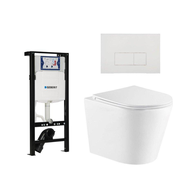 QeramiQ Dely Toiletset - 36.3x51.7cm - diepspoel - rimless - Geberit UP320 plieger inbouwreservoir - softclose toiletzitting - glans witte bedieningsplaat - rechtehoekige knoppen - wit glans SW543431/SW1381697/SW706187