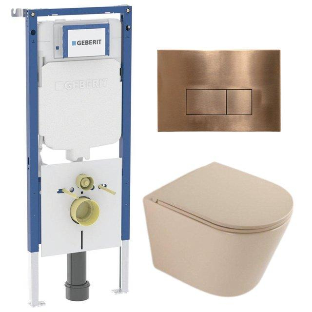 Geberit QeramiQ Dely Toiletset - 36.3x51.7cm - diepspoel - rimless -  UP720 inbouwreservoir - softclose toilet zitting - koperen bedieningsplaat - rechthoekige knoppen - mat beige SW1000764/SW1000770/S
