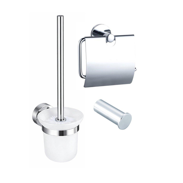Fortifura Calvi Toiletset 3-delig - toiletrolhouder met klep - toiletborstel - handdoekhaak enkel rond - chroom SW1183142 SW1211590 SW639924